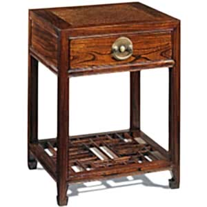 Oriental Carved Wooden 1 Drawer Bedside Table - Dark Elm with Brass Handle