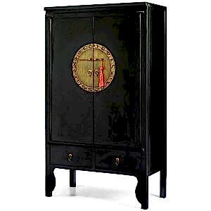 Chinese 2 Door Wooden Wedding Cabinet - Black Lacquer with Brass Handles