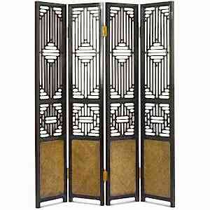 Oriental Ming 4 Panel Wooden Divider Screen - Black Lacquer