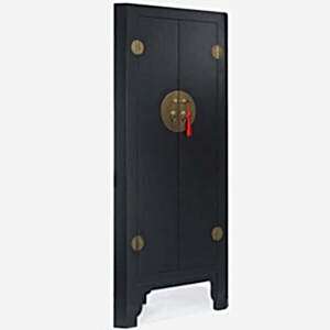 Chinese Tall Wooden 2 Door Corner Cabinet - Black Lacquer with Brass Handles