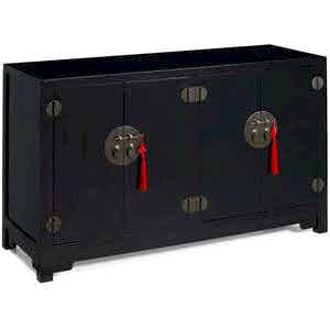 Oriental Rustic Dark Wooden 4 Door Sideboard - Black Lacquer with Brass Handles