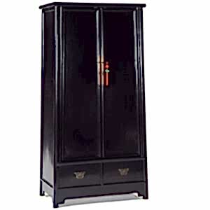 Oriental Tall Tapered 2 Door 2 Drawer Wooden Chinese Wardrobe - Black Lacquer