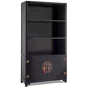Oriental Wooden 2 Door 3 Shelf Book Cabinet Display Unit - Black Lacquer