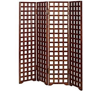 Oriental Carved 4 Panel Wooden Lattice Divider Screen - Dark Elm