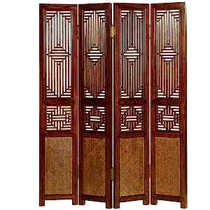 Oriental Ming 4 Panel Wooden Divider Screen - Dark Elm