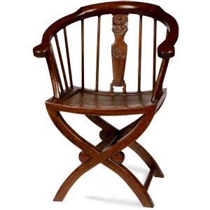 Chinese Cross Legged Wooden Armchair - Dark Elm