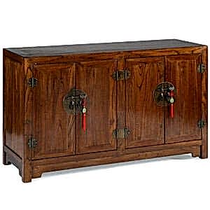 Oriental Rustic Dark Wooden 4 Door Sideboard - Dark Elm with Brass Handles