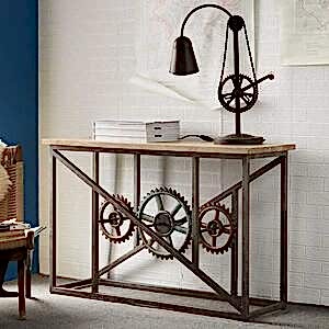 Evoke Industrial Console Table in Reclaimed Metal & Wood With Wheels