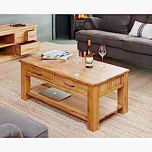 Mobel Oak Modern Rectangular Coffee Table with 4 Drawers