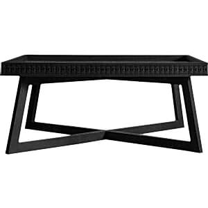 Boho Boutique Black Wood Rustic Square Coffee Table with Carved Inlay Pattern