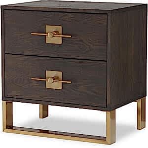 Ophir Bedside Table 2 Drawers Dark Brown Oak and Brass