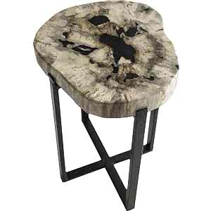 Peter Disk Lamp Table with Petrified Wood Top & Black Frame
