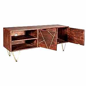 Dark Wood & Gold Plasma Retro Media TV Unit 2 Door 2 Shelf