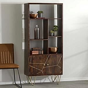 Dark Wood & Gold Large Retro Bookcase with Storage