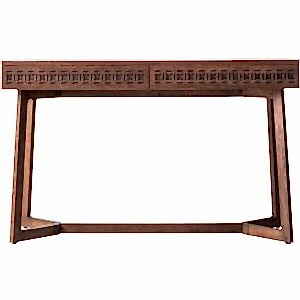 Boho Wooden Rustic 2 Drawer Desk with Carved Inlay Pattern