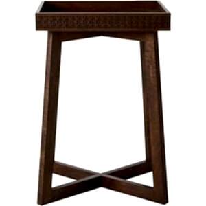 Boho Wooden Rustic Bedside Table with Carved Inlay Pattern