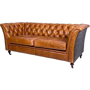 Brown Leather and Dark Harris Tweed Caesar Two Seater Chesterfield Sofa