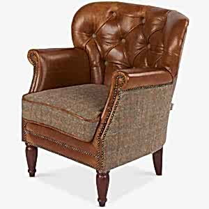 Brown Leather and Harris Tweed Marlon Low Club Chair