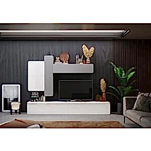 Novara TV Stand and  Wall Storage - White Gloss and Lead Finish