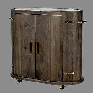 Garcia Art Deco Grey Wood Trolley with White Marble Top & Brass Accents