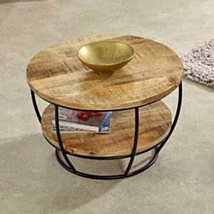 Surrey Solid Mango Wood & Metal Round Coffee Table With Shelf 