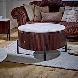 Opal Round Fluted Dark Wood Coffee Table With White Marble Top