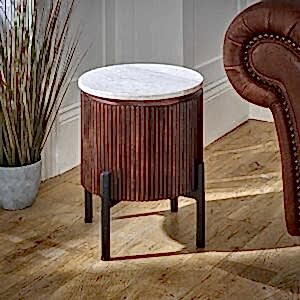 Opal Dark Wood Fluted Side Table With White Marble Top 