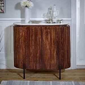 Opal Fluted Dark Wood Sideboard/Drinks Cabinet With White Marble Top