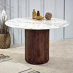 Opal Dark Wood Round Dining Table With White Marble Top 