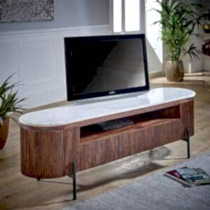Opal Fluted Dark Wood Large TV Stand With White Marble Top & Metal Legs 