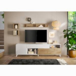 Marta TV Unit, Two Doors, One Drawer - Gloss White and Light Oak Finish 