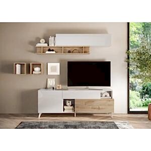Marta TV Unit, Two Doors, One Drawer - Gloss White and Light Oak Finish 