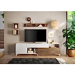 Marta TV Unit, Two Doors, One Drawer - Gloss White and Walnut Finish 