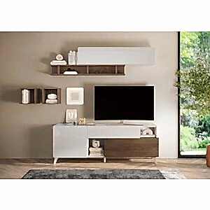 Marta TV Unit, Two Doors, One Drawer - Gloss White and Walnut Finish 