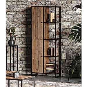 Ooki Reclaimed Wood & Black Steel Tall Funky Bookcase 2 Doors