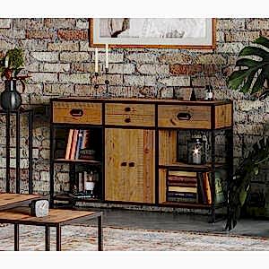 Ooki Reclaimed Wood & Black Steel Large 4 Drawers 2 Doors Console Table