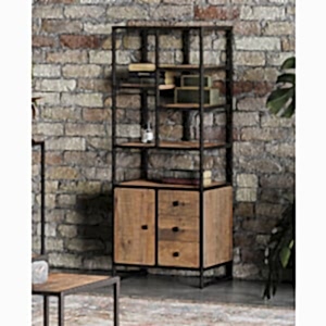 Ooki Reclaimed Wood & Black Steel Shelving Unit Modular Tall 1 Door 3 Drawers