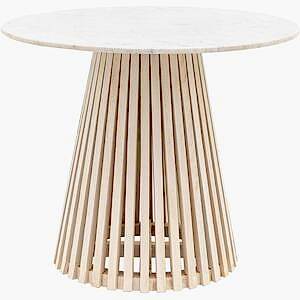 Soho Round White Marble Top Dining Table with Slatted Light Wood Base
